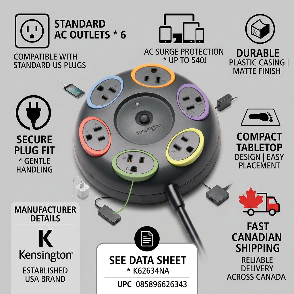 Kensington SmartSockets 6-outlet tabletop surge protector infographic with specs and shipping info.