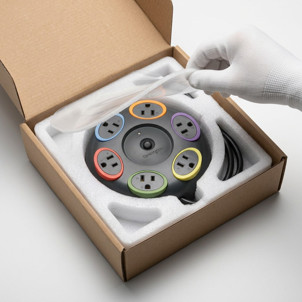Kensington SmartSockets 6-Outlet Surge Protector inside a secure shipping box with foam padding.