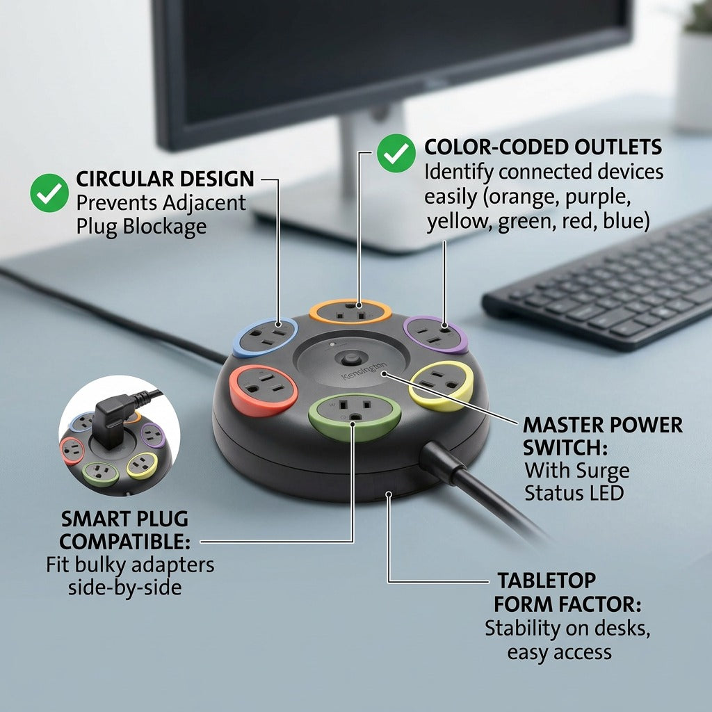 Kensington SmartSockets Table Top Surge Protector features 6 color-coded, circular-spaced outlets.