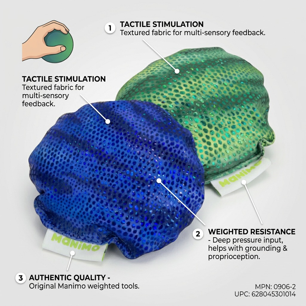 A sensory-focused image highlighting the features of two tactile-and-weight-filled Manimo balls.