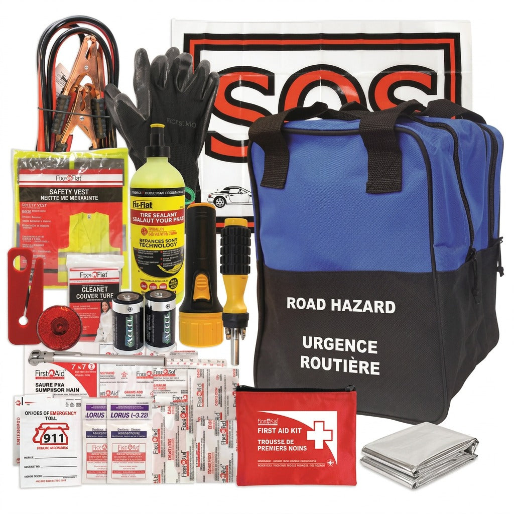 First Aid Central All Weather Road Safety Kit with booster cables, tools, and first aid supplies.