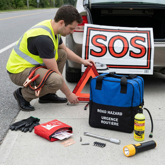 Man in safety vest uses the First Aid Central Road Safety Kit with booster cables and SOS sign.