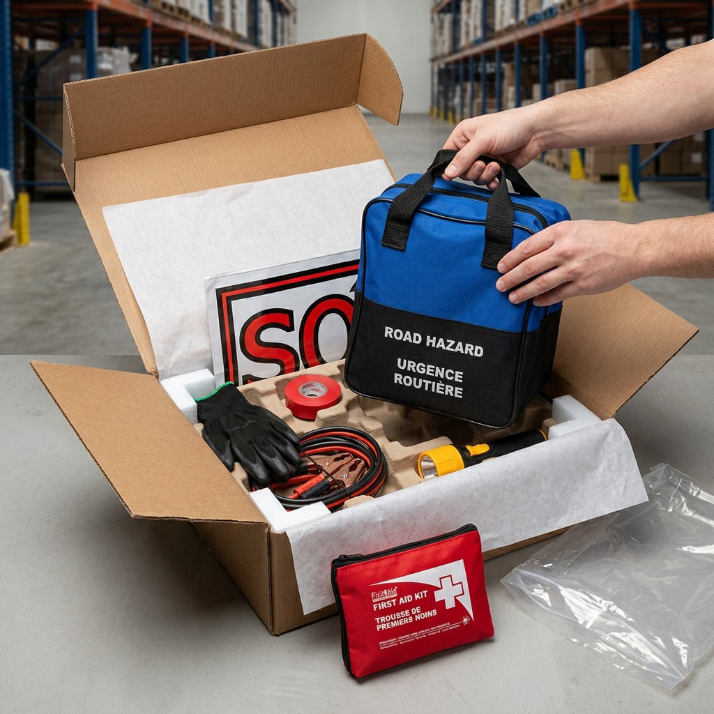 A hand lifts the First Aid Central Road Safety Kit bag from a securely packed shipping box.