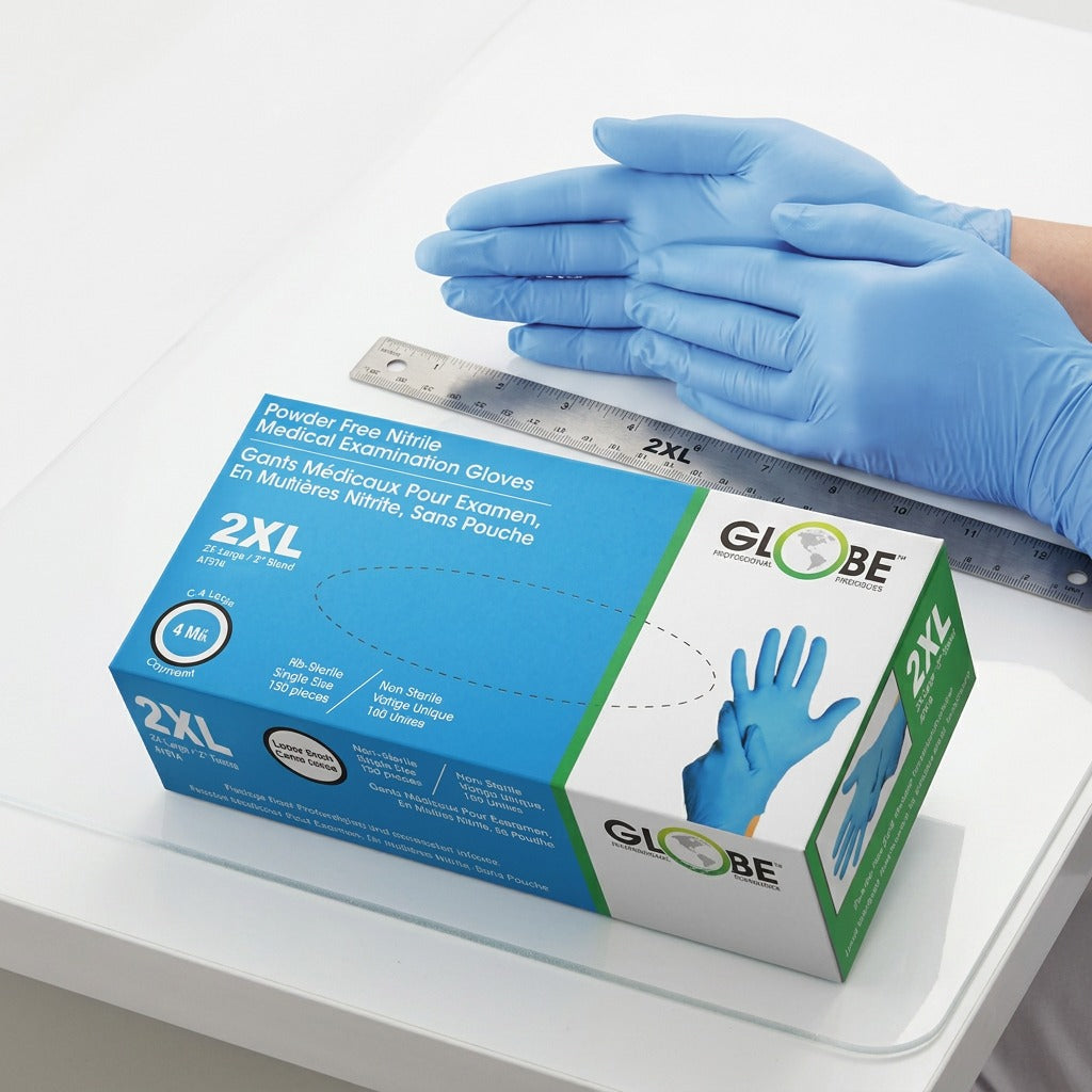 Globe 4mil Sky Blue Nitrile Exam Gloves in XXL shown next to a ruler and box for scale reference.