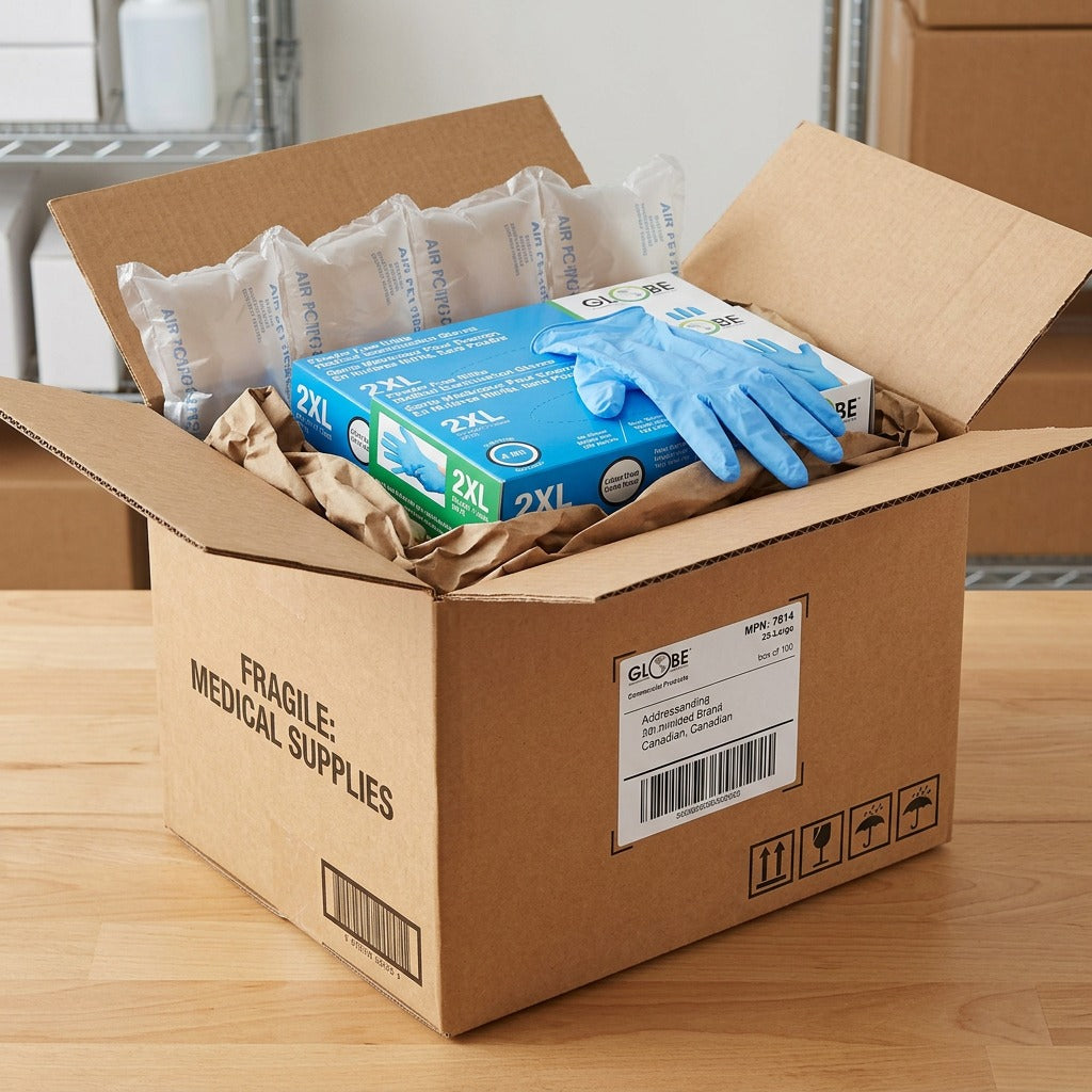 Open shipping box containing Globe Nitrile Exam Gloves XXL with protective air pillows and paper.