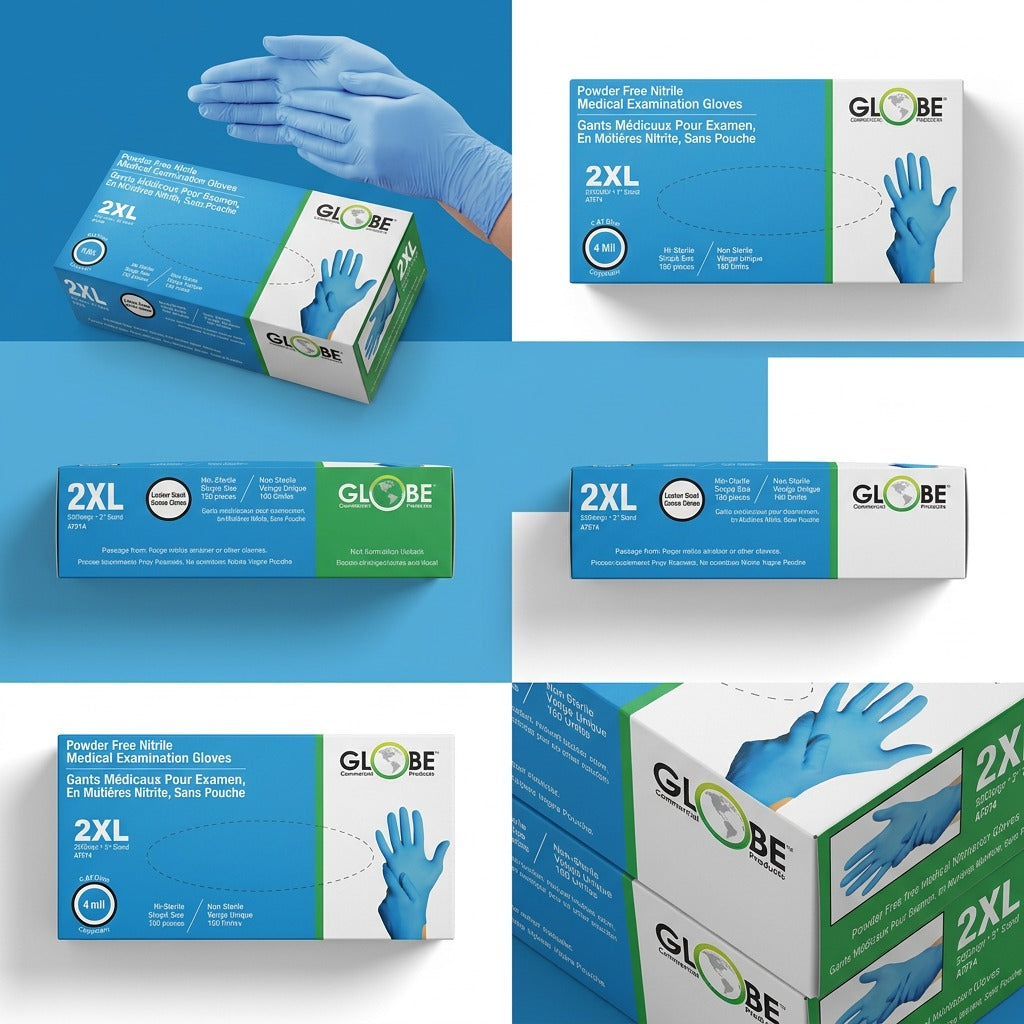 Matrix of View of Globe Commercial Products 4mil Sky Blue Nitrile Exam Gloves boxes in 2XL size.