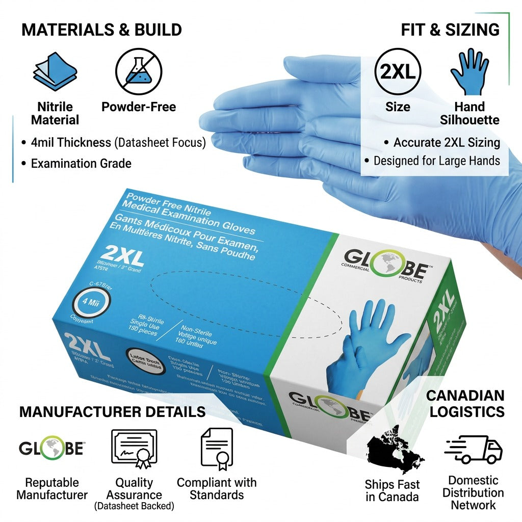 Infographic for Globe 4mil sky blue nitrile gloves in 2XL showing medical grade features and shipping.