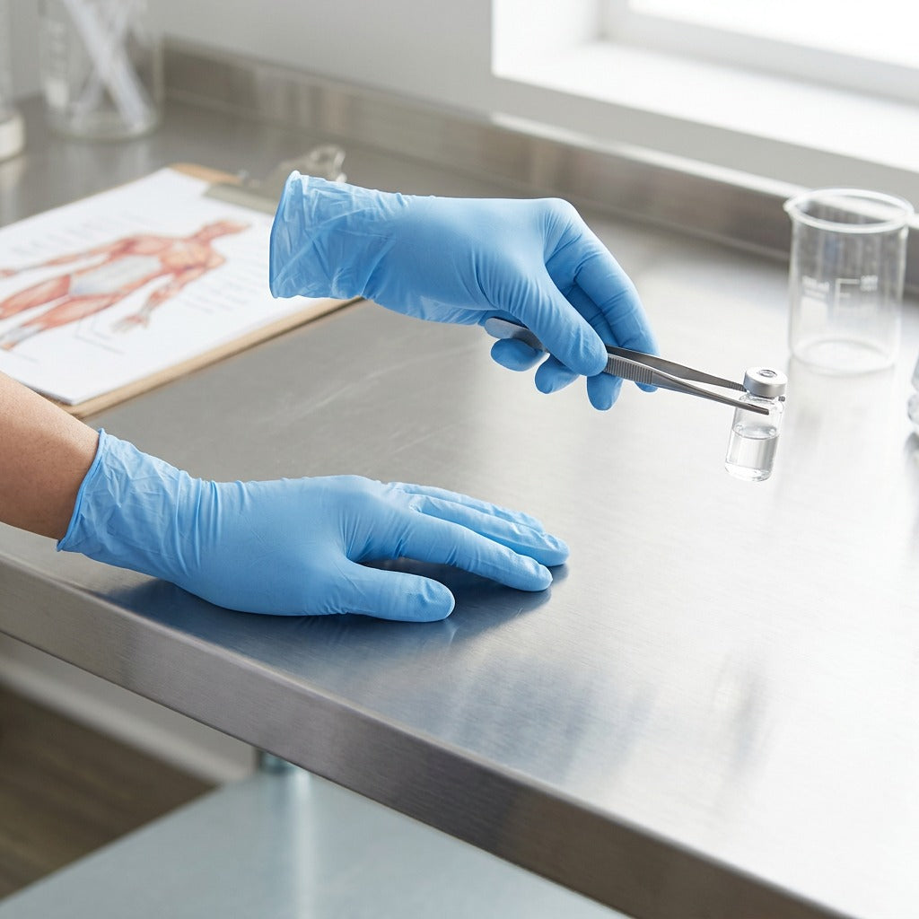 Person wearing Globe Sky Blue Nitrile Exam Gloves using tweezers to handle a medical vial.