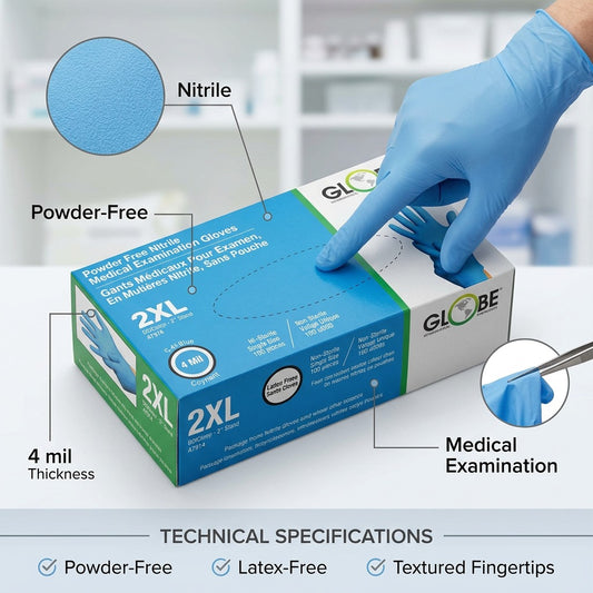 Box of Globe 4mil Sky Blue Nitrile Exam Gloves with feature labels for powder-free and medical grade.