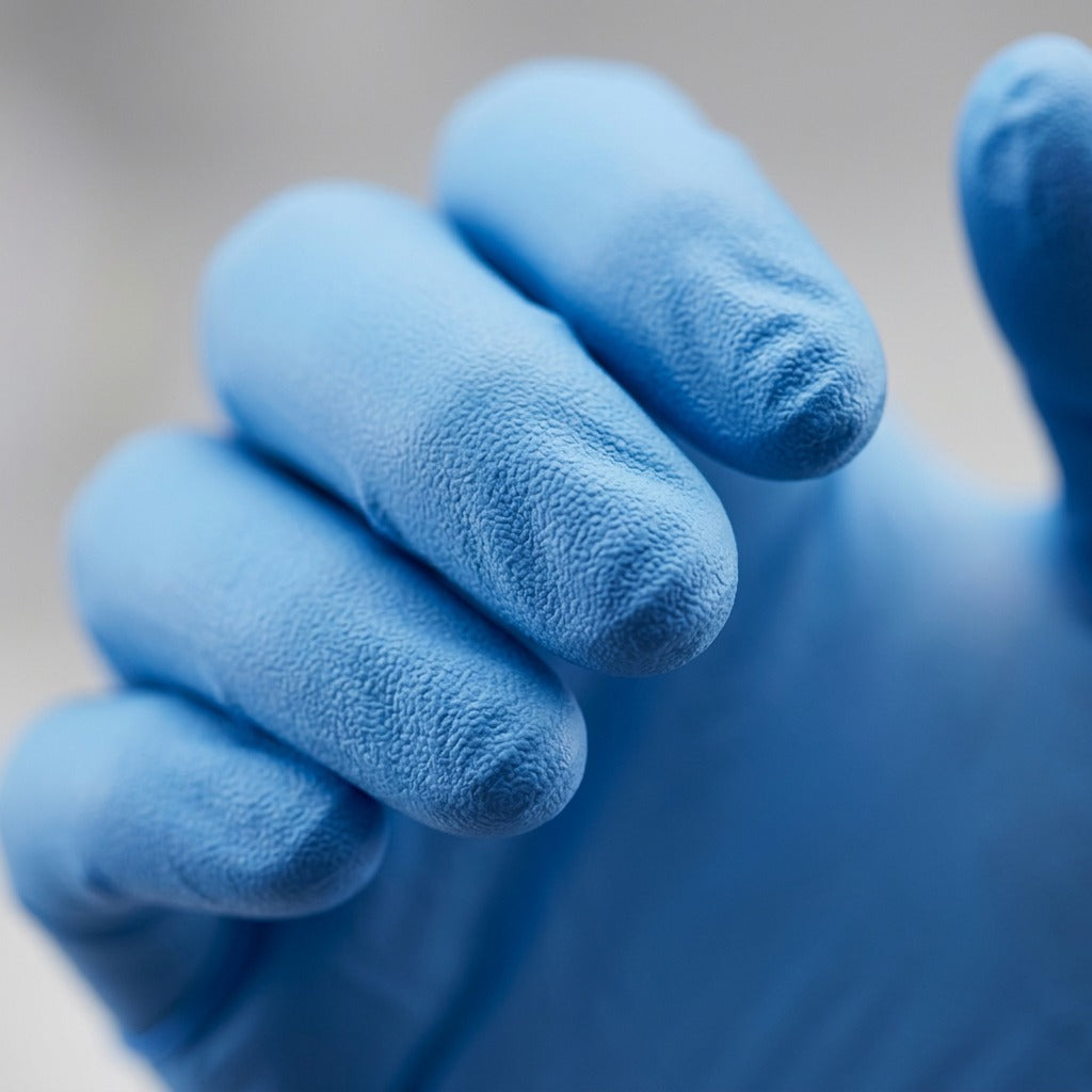 Extreme macro of sky blue Globe nitrile glove fingertips showing textured grip for precision handling.