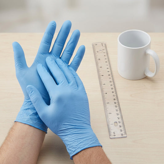 Sky blue Globe nitrile gloves worn on hands next to a ruler and coffee mug for scale reference.