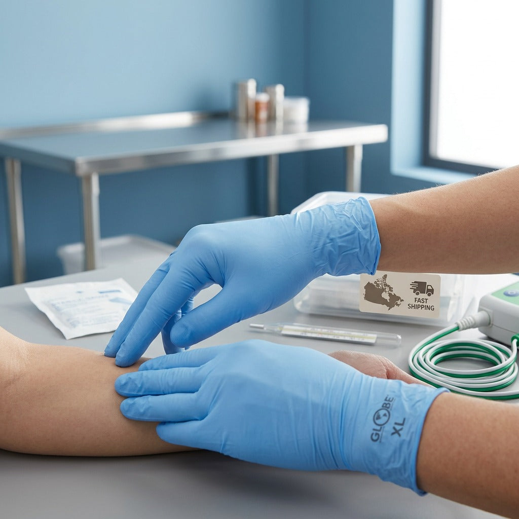 Person wearing Globe blue medical nitrile gloves while performing a clinical exam in a healthcare setting.