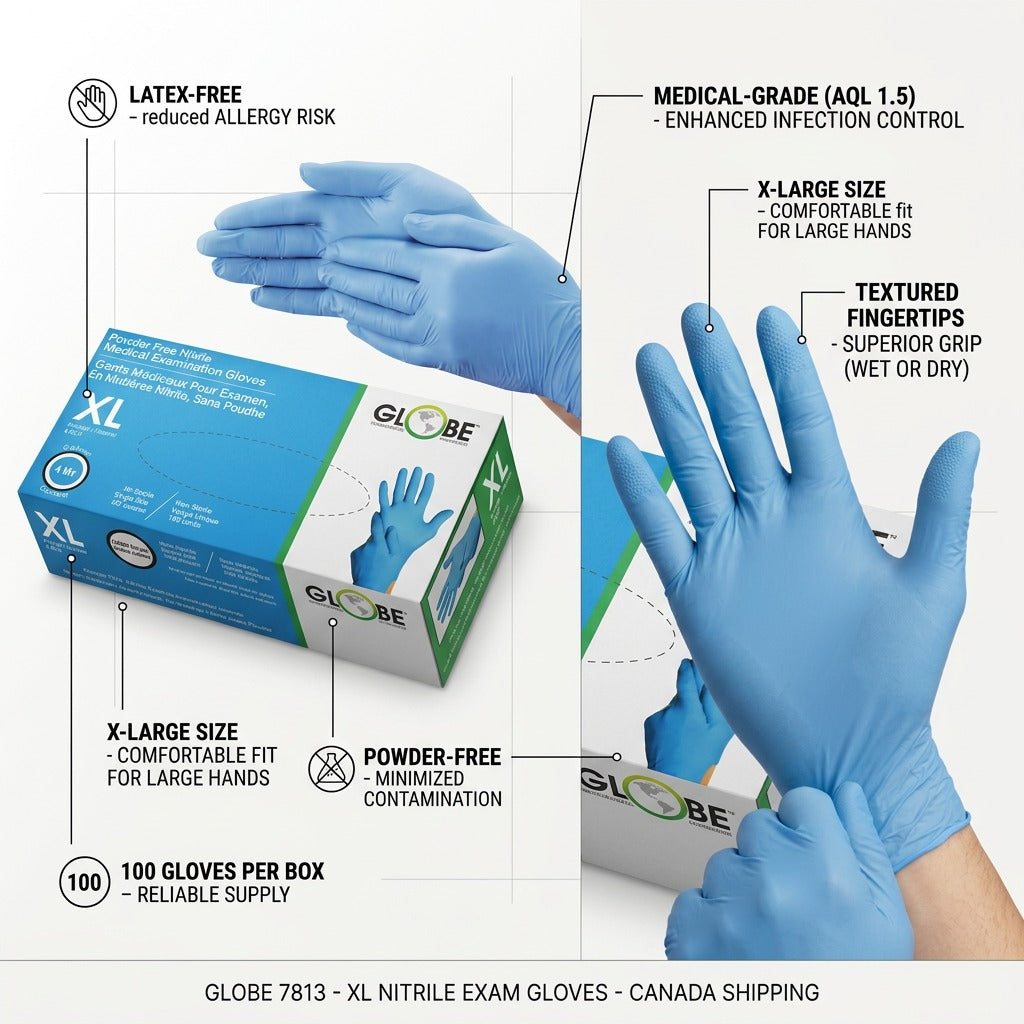 Globe sky blue nitrile medical gloves with callouts for latex-free, textured tips, and XL sizing.