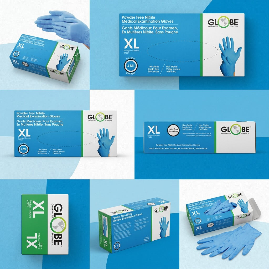 Grid showing Globe 4-mil XL powder-free blue nitrile glove boxes from multiple helpful angles.