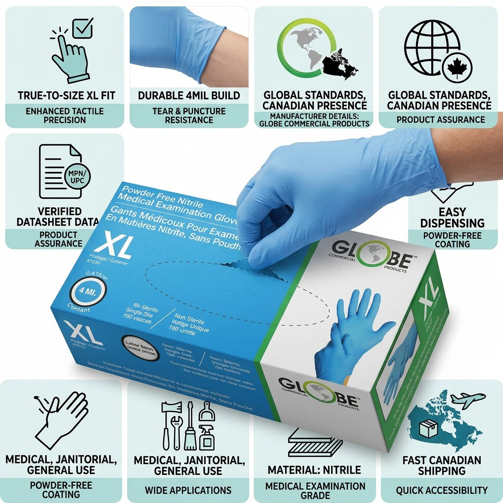 Infographic for Globe Blue Nitrile Medical Gloves showing 4mil thickness, XL fit, and fast Canadian shipping.