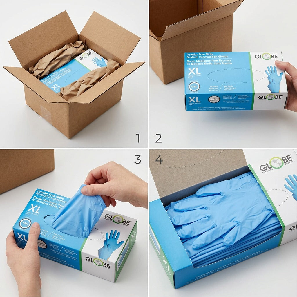 Four-step unboxing of Globe Nitrile Medical Gloves showing secure shipping and easy dispensing.