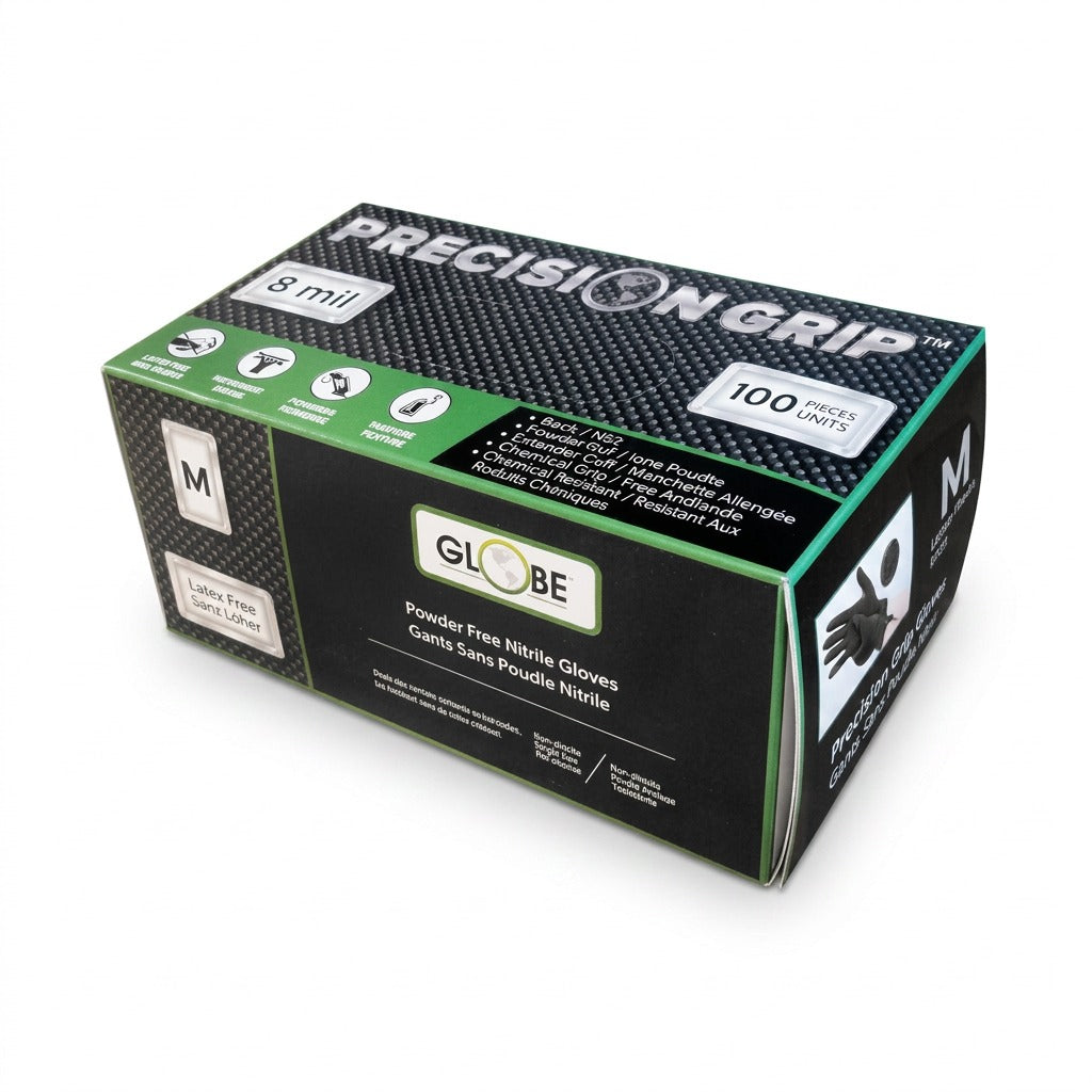 Globe Precision Grip 8mil Black Nitrile Powder Free Gloves, size Medium, 100 count box.