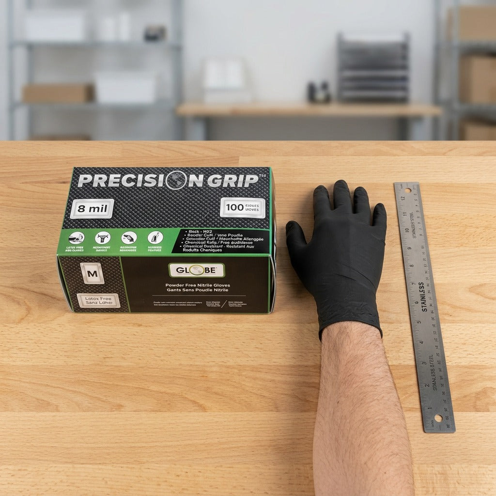 Hand wearing Globe black 8mil nitrile glove next to a ruler and product box for scale reference.