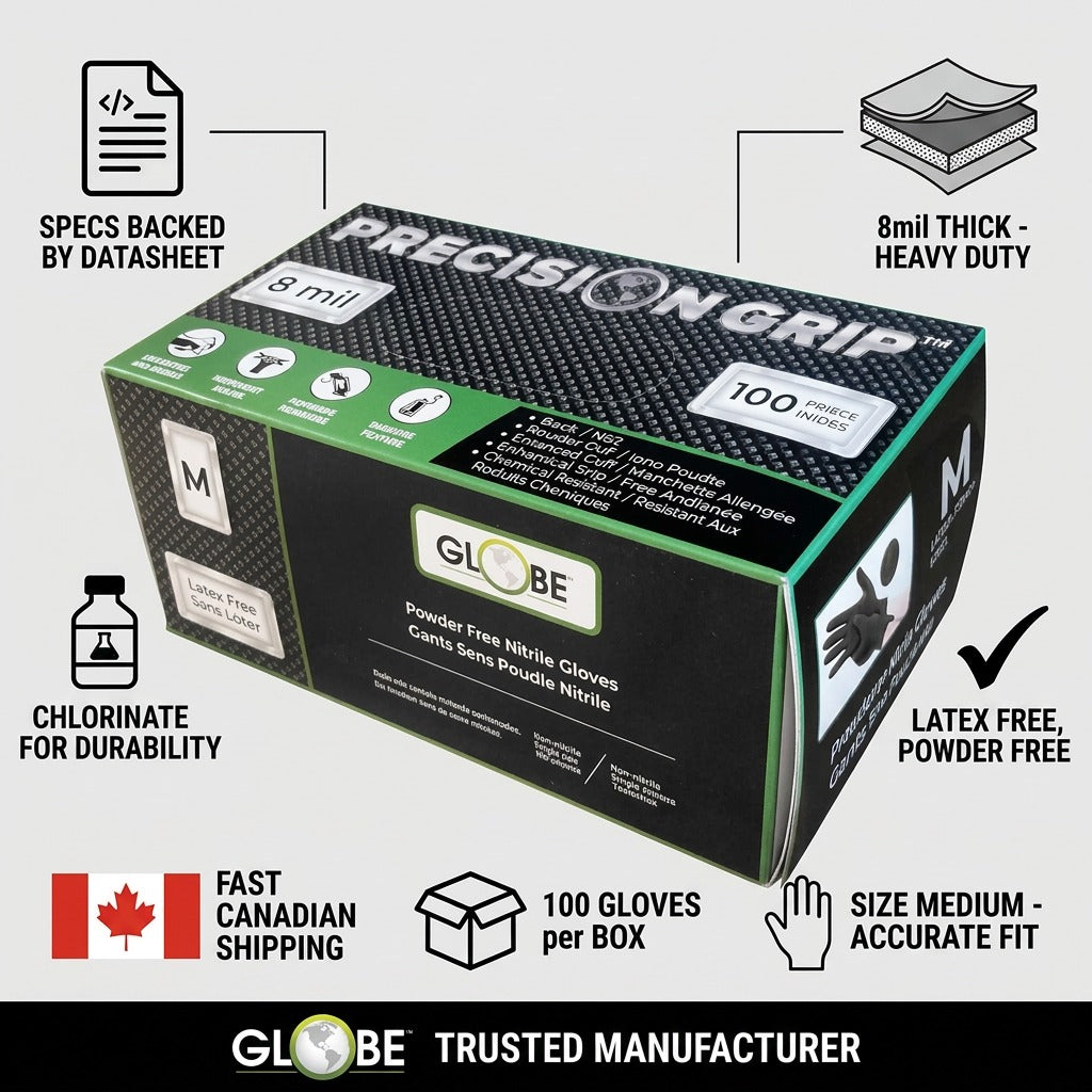 Globe Precision Grip nitrile gloves infographic highlighting 8mil thickness and Canadian shipping.