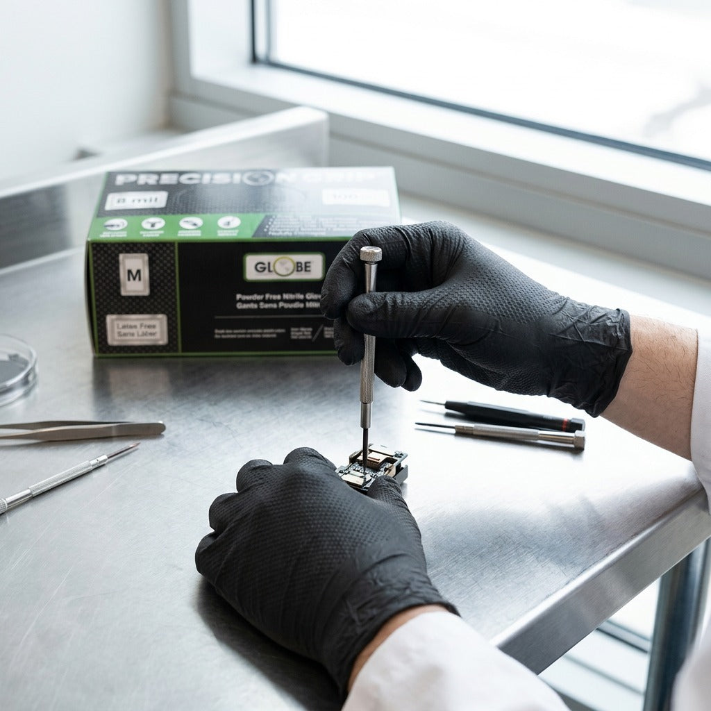 Person wearing black Globe Precision Grip 8mil nitrile gloves performing detailed electronic repair.