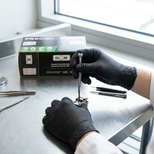 Person wearing black Globe Precision Grip 8mil nitrile gloves performing detailed electronic repair.