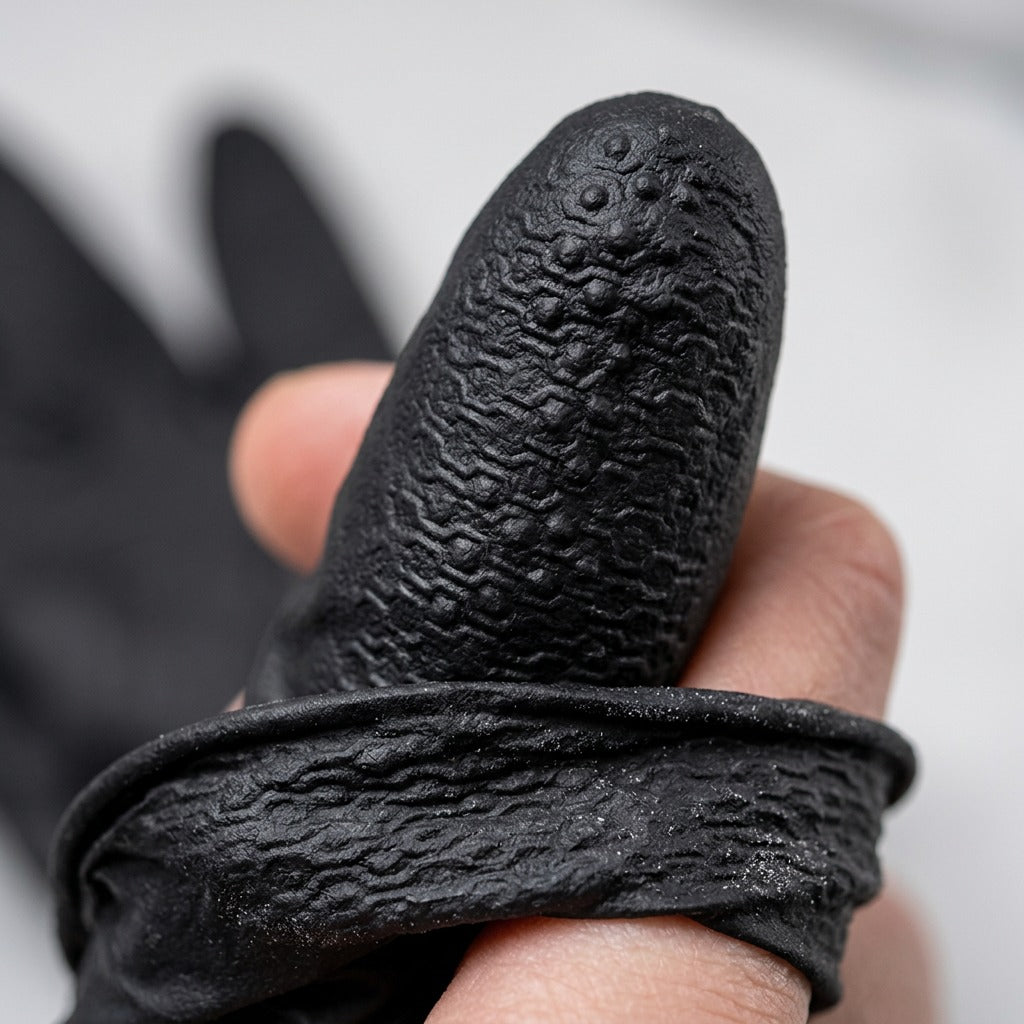 Macro detail of Globe Precision Grip 8mil black nitrile glove showing the raised diamond texture.