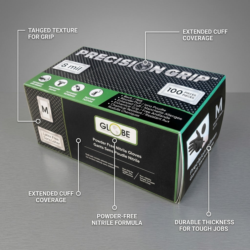 Box of Globe Precision Grip 8mil nitrile gloves with feature callouts for texture and durability.
