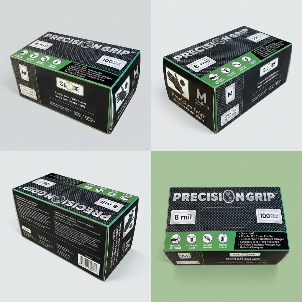 Four angles of Globe Precision Grip 8mil black nitrile glove boxes, showing size medium packaging.