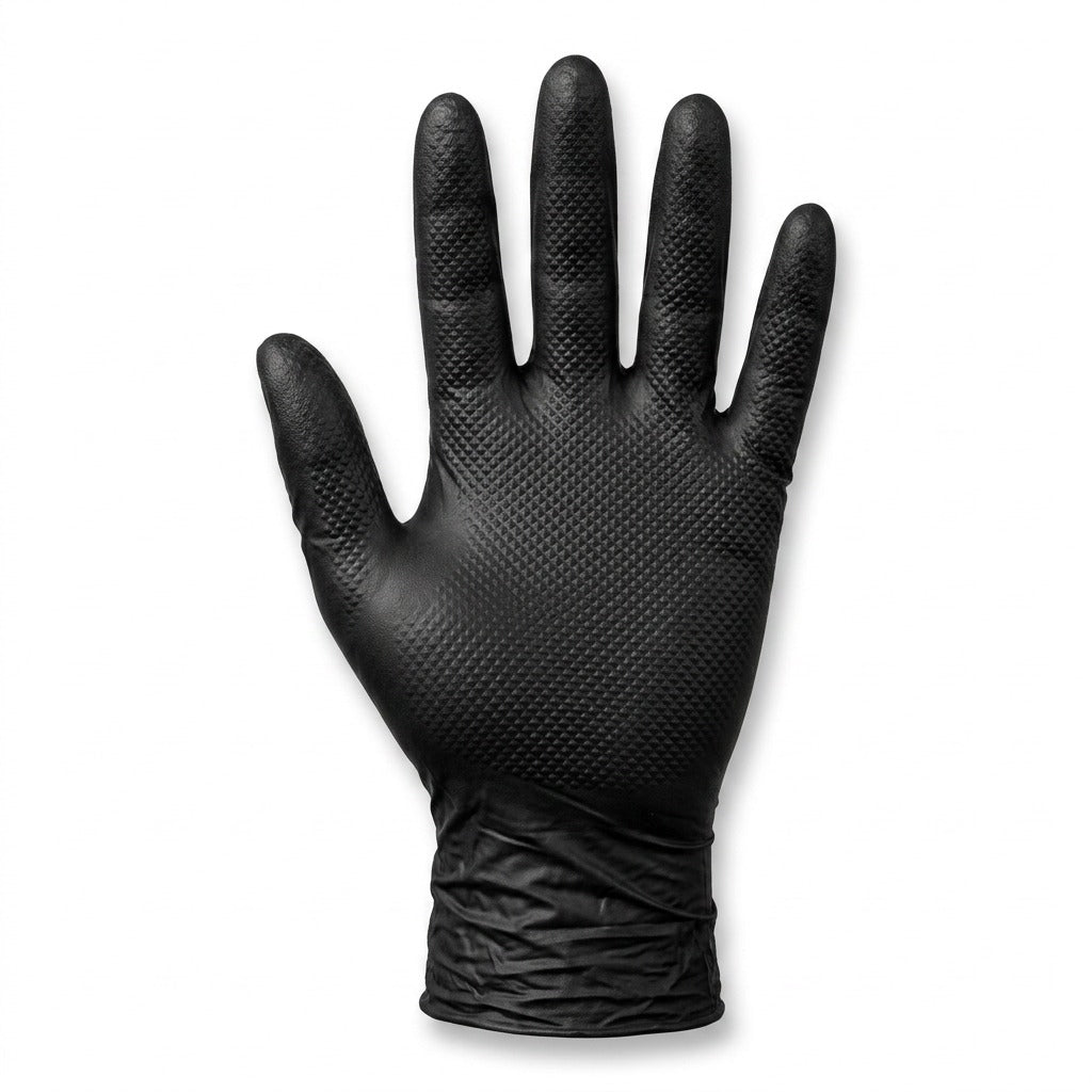 Globe Precision Grip heavy-duty black nitrile glove with raised diamond texture for enhanced grip.