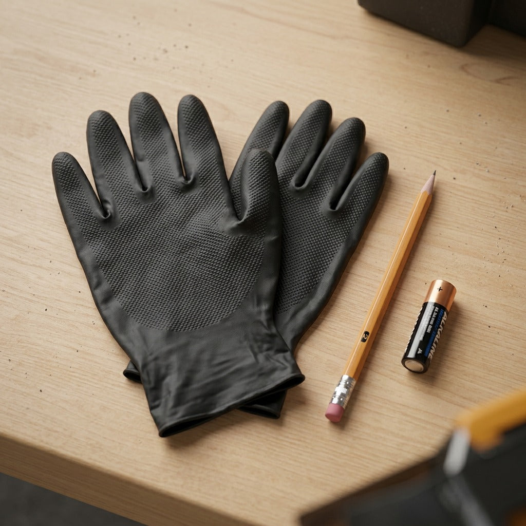 Black Globe Precision Grip nitrile gloves shown on a desk next to a pencil and AA battery for scale.
