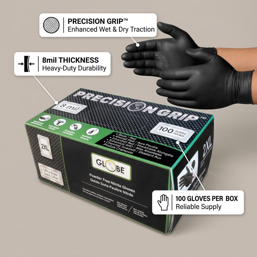 Globe Precision Grip 8mil Nitrile Gloves feature callout highlighting heavy-duty 2XL black gloves.