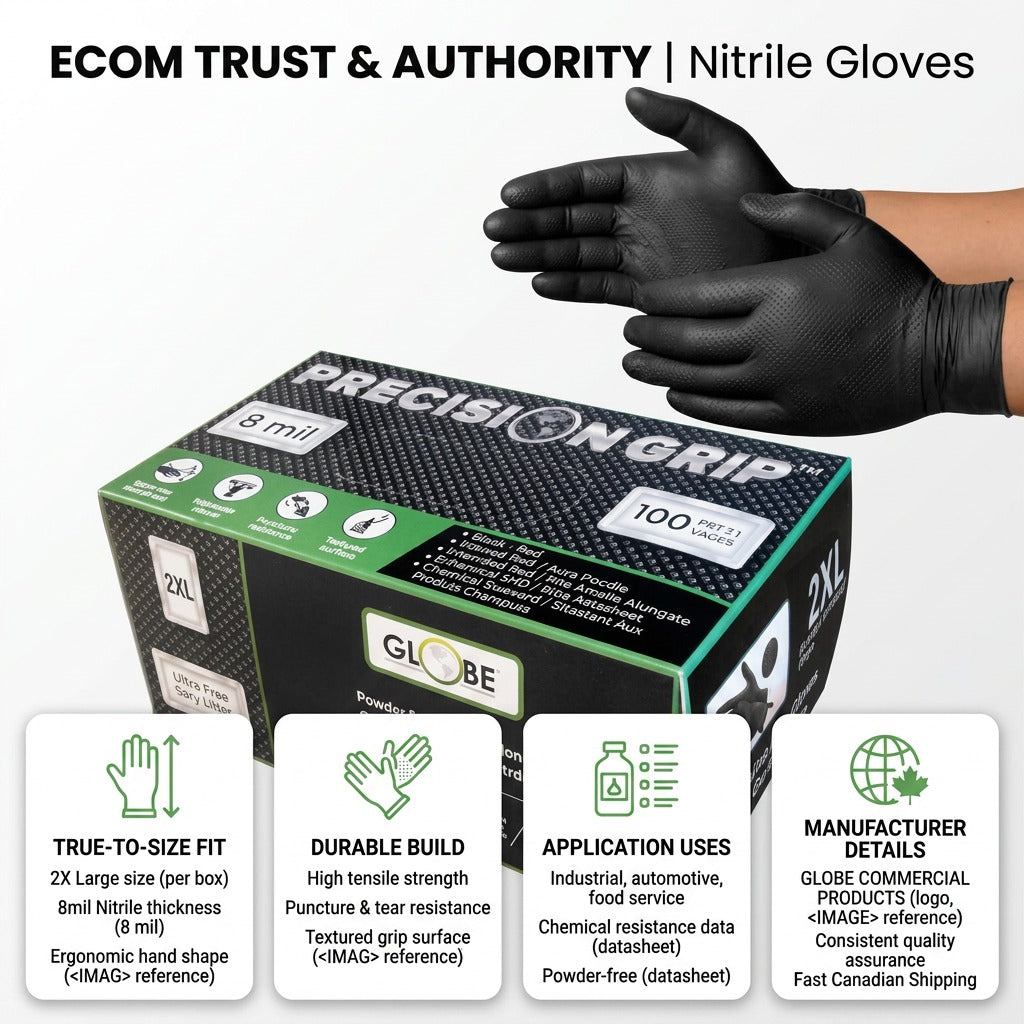 Infographic for Globe Precision Grip 8mil Nitrile Gloves showing durable build and 2XL size fit.