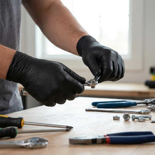 Person wearing Globe Precision Grip 8mil black nitrile gloves while using a wrench on a workbench.