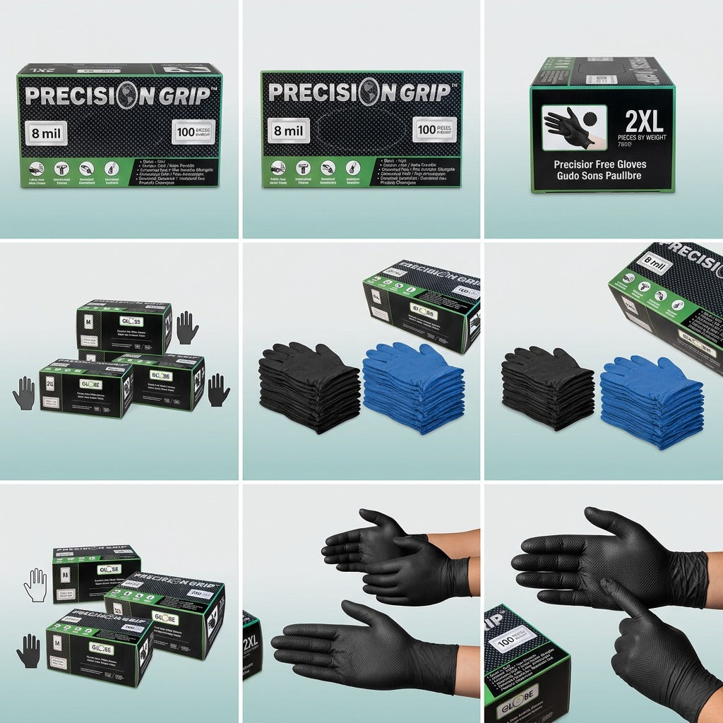 Grid showing Globe Precision Grip 8mil Nitrile Gloves in black and blue variants, with packaging.