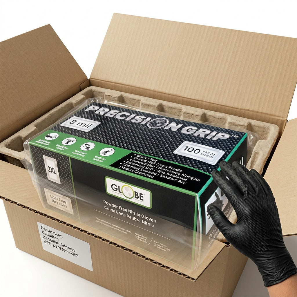 Box of Globe Precision Grip 8mil Nitrile Gloves inside secure shipping box with protective inserts.