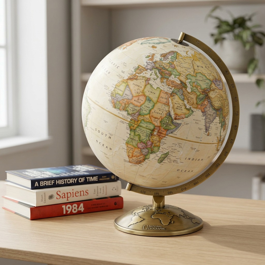 A desk globe shown at scale on a wooden shelf next to a stack of three standard hardcover books.