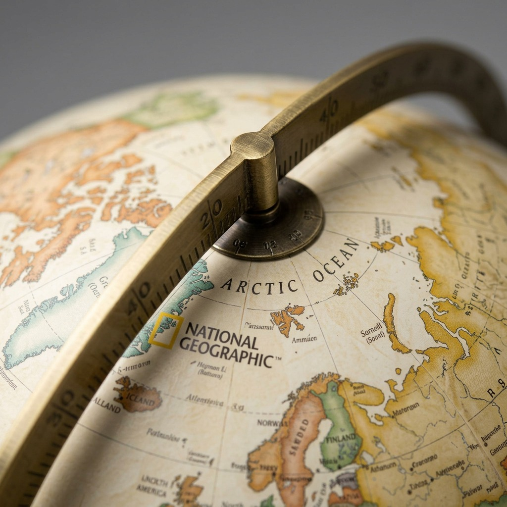 A macro photograph showing the detailed brass semi-meridian connection to the National Geographic Allamson globe at the Arctic, highlighting precise printing.