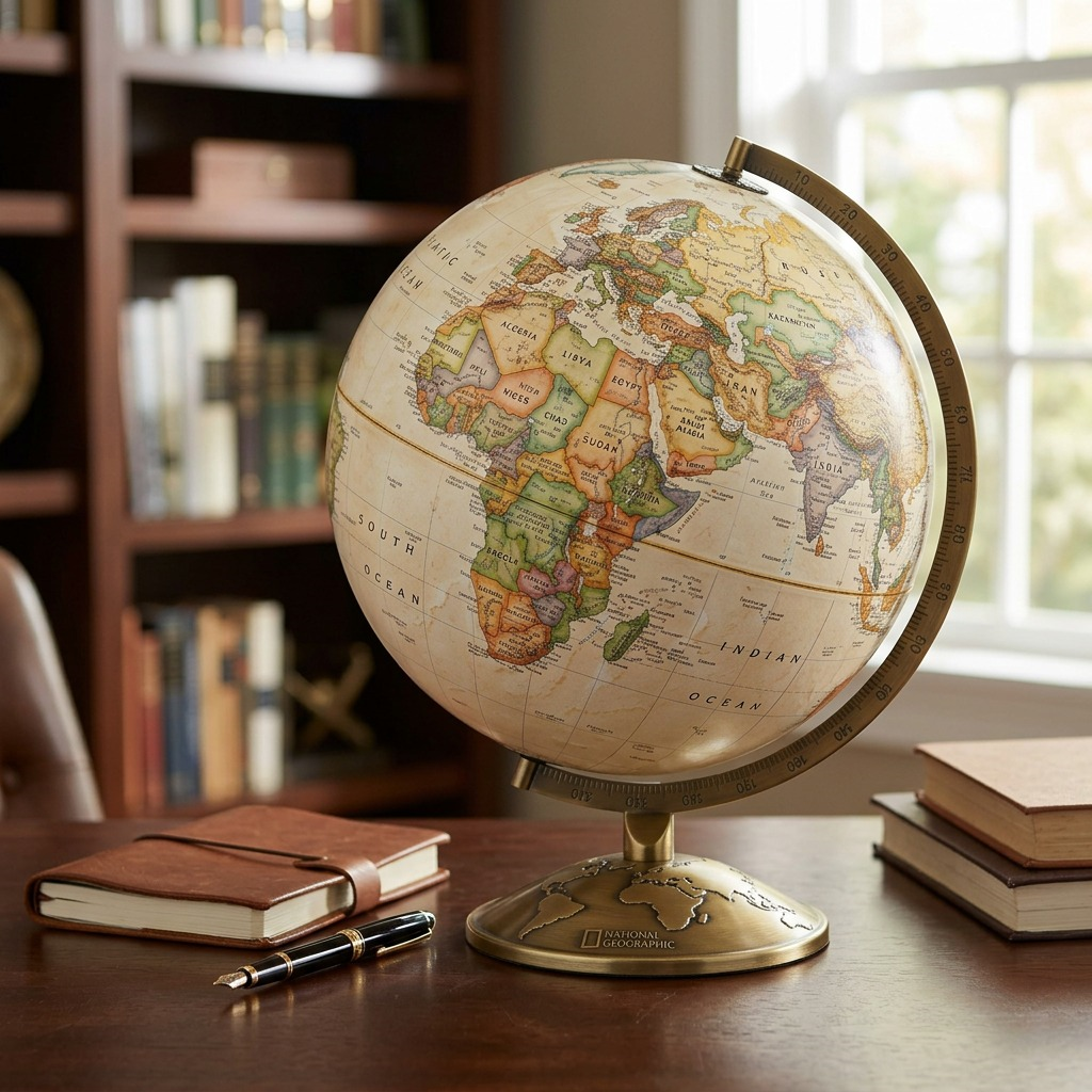 A lifestyle image featuring the Replogle National Geographic Allamson Desk Globe on a high-end wooden desk over a world map.
