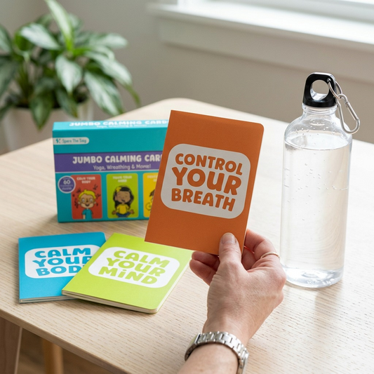 To help customers visualize the size, a hand is shown holding the 'Control Your Breath' card, while the 'Calm Your Body' and 'Calm Your Mind' cards lie beside a water bottle.