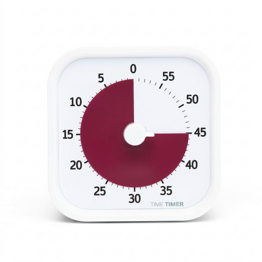 A high-resolution, centered view of the white square Time Timer MOD Home Edition, showing a maroon disc set to 45 minutes, with black numeral markings, on a pure white background.