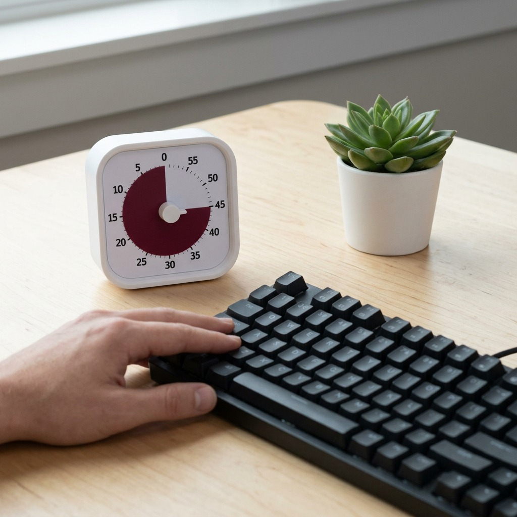 The Time Timer MOD Home Edition visual timer in Cotton Ball White on a desk beside a small potted succulent, with a hand typing on a keyboard in the foreground and the disk set to 45 minutes.