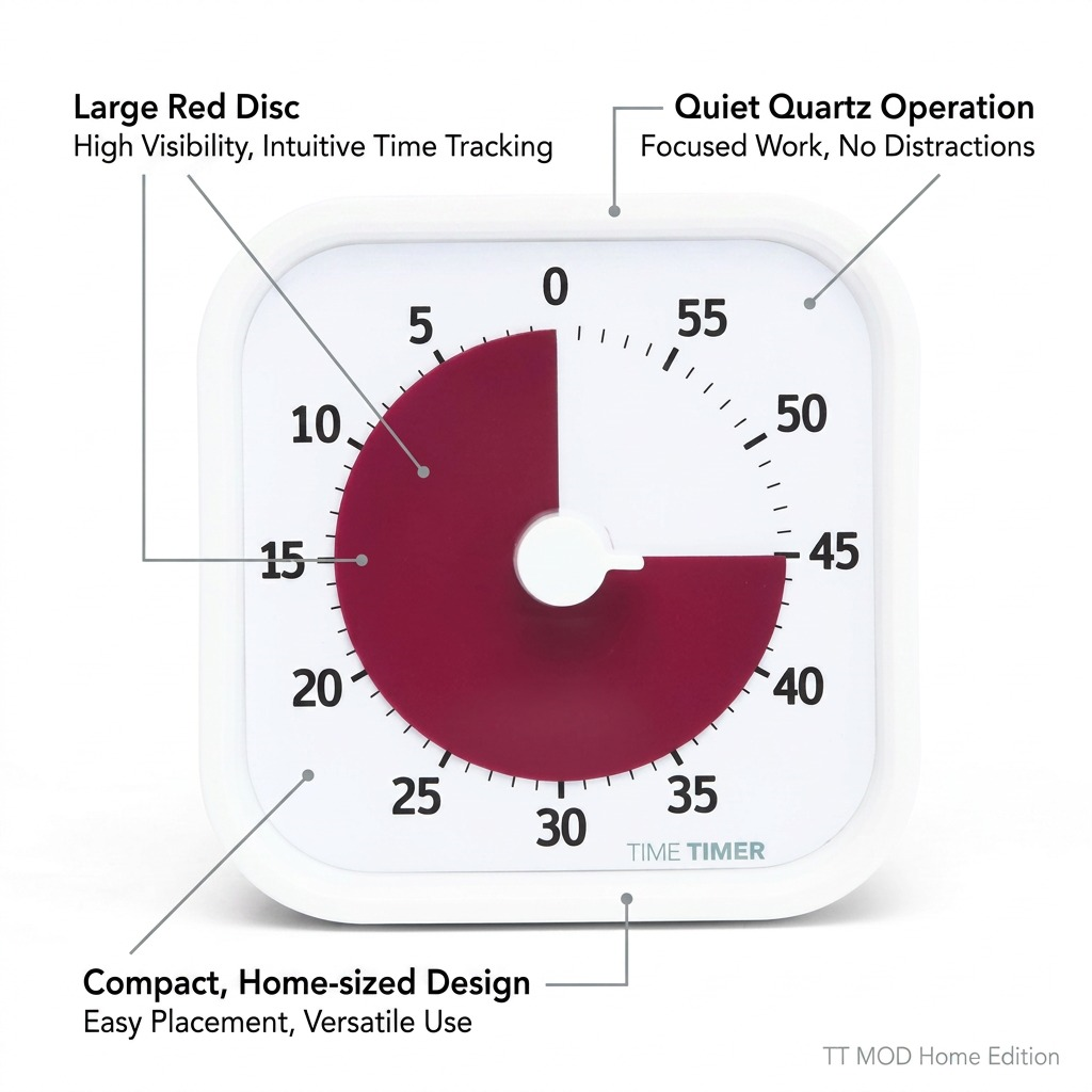 An infographic of the Time Timer MOD Home Edition highlighting three features: the large red disc for high-visibility time tracking, quiet operation for focused work, and its compact, home-sized design.