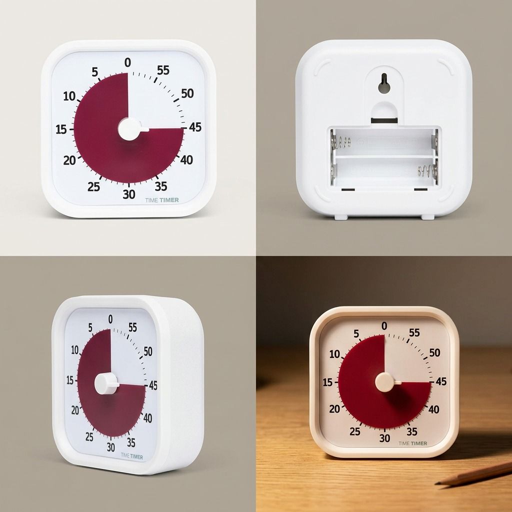 A four-panel collage of the Time Timer MOD Home Edition: front view of the Cotton Ball White timer set to 45 minutes, the open battery compartment on the back showing the AA battery slot, the timer in a light grey colorway, and the timer in a pink colorway on a wood surface.