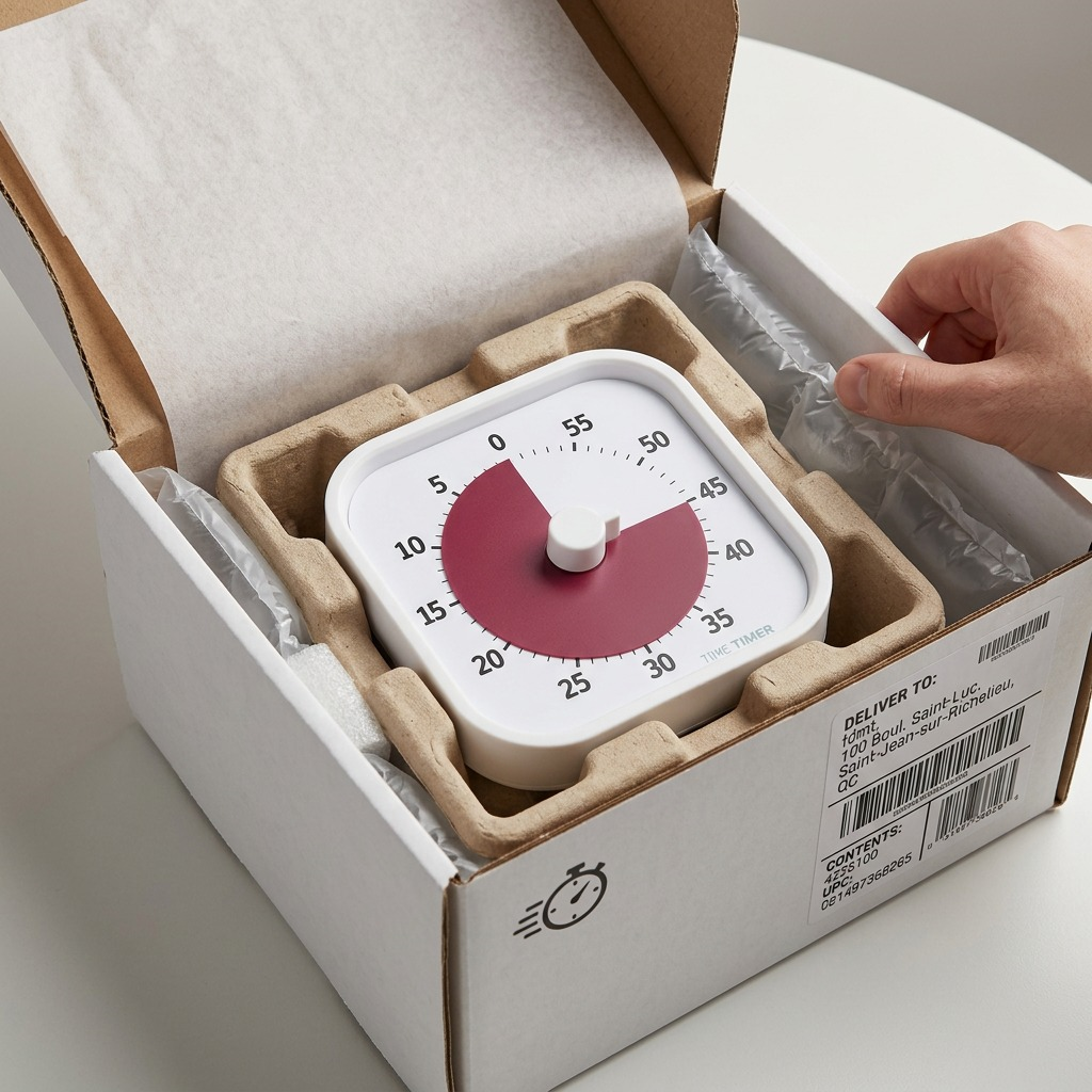 The Time Timer MOD Home Edition arriving in its shipping box, nestled in protective molded packaging as a hand unwraps the protective film from the timer.