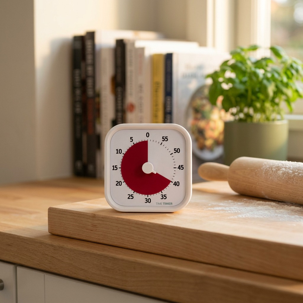 A lifestyle image showing the Time Timer MOD Home Edition in Cotton Ball White on a kitchen counter near cookbooks and a rolling pin, disk set to about 30 minutes remaining.