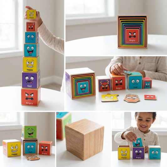 A classroom setting with a child actively stacking the colorful fdmt Tower of Emotions blocks.