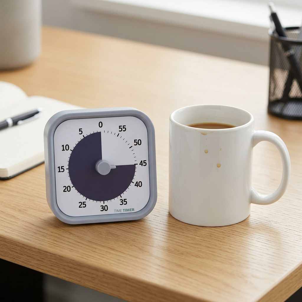 A photo of the Time Timer MOD Home Edition visual timer in Pale Shale gray, shown next to a white ceramic coffee mug on a wood desk for scale reference.