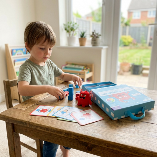 A child with a focused yet calm expression is sitting at a wooden table in a home with natural lighting, playing with several small blue cubes, red plastic pieces, and colored craft items from the "Open The Joy" Anger Management set. The product artwork and handle are visible in the background.