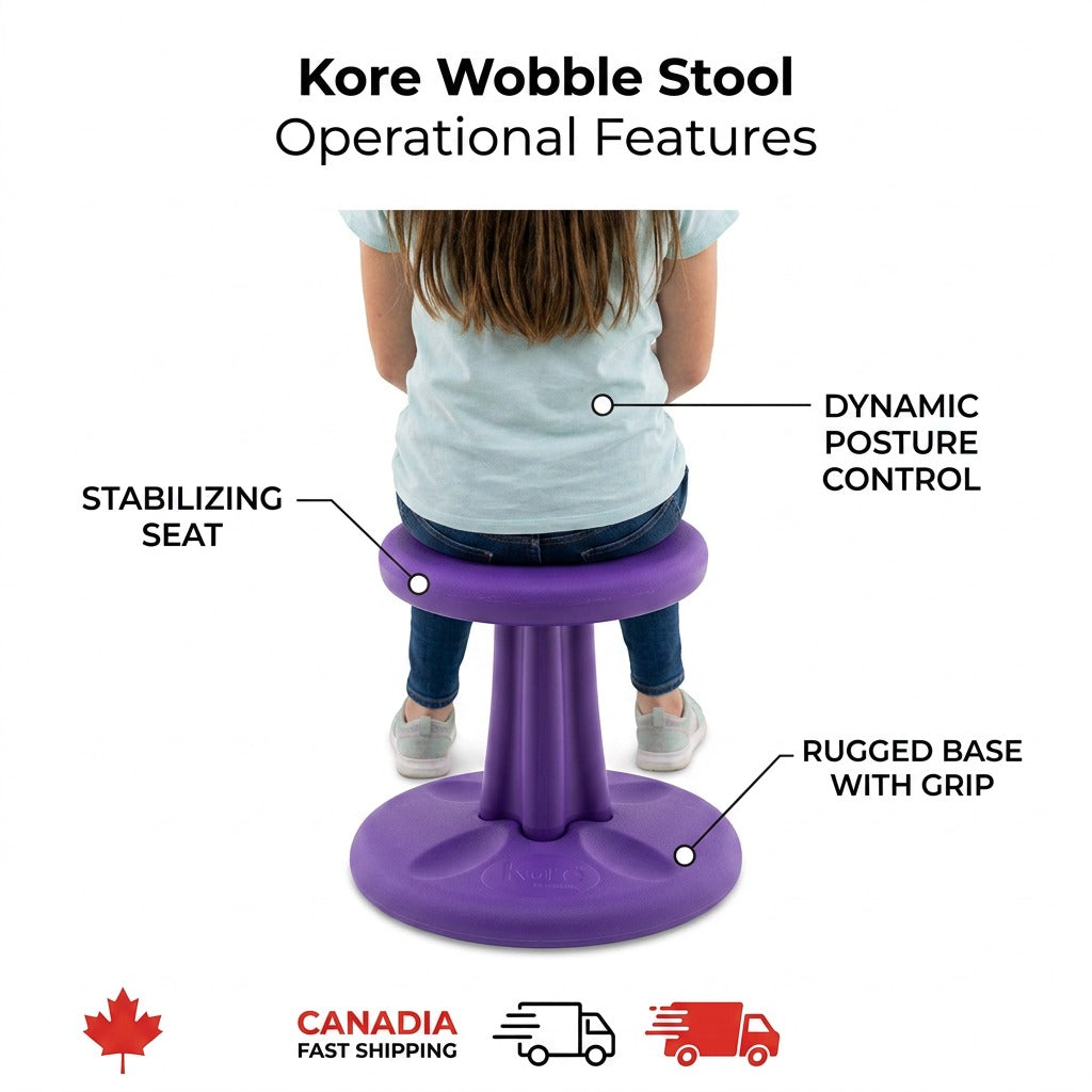 Operational features of the purple Kore Wobble Stool including stabilizing seat and rugged base.