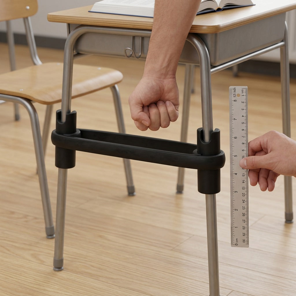 A black BouncyBand sensory tool installed on classroom chair legs, shown next to a 30cm ruler for scale.